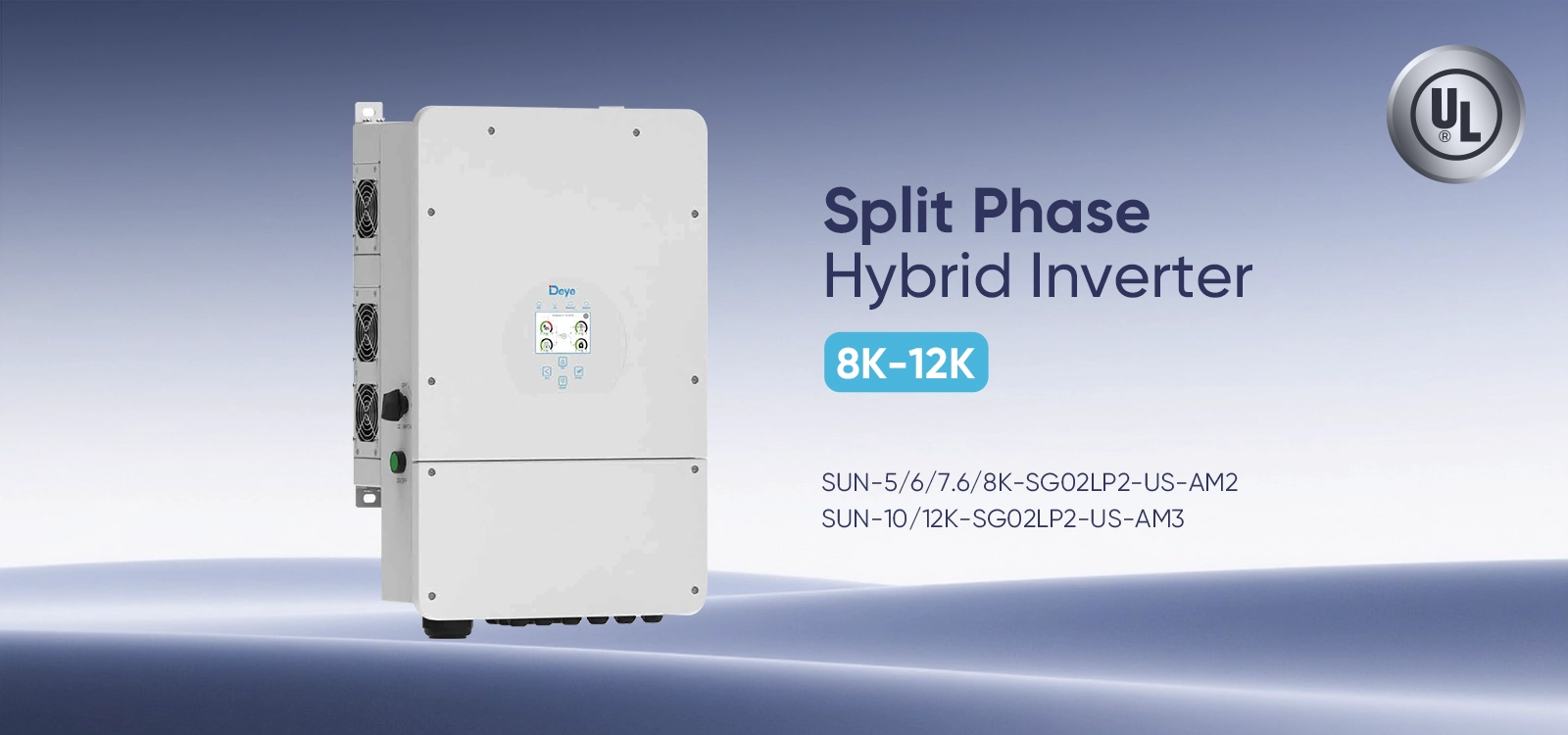 Deye SUN 8-12kW split phase hybrid inverter poster – highlights 120/240V output, 2 MPPT trackers, 250A battery charging, and US grid compatibility for residential and commercial energy storage
